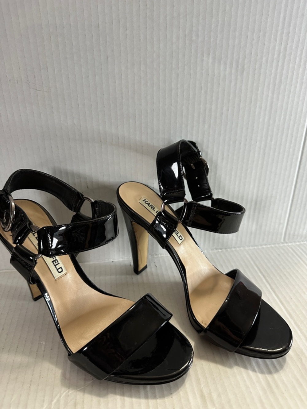 Karl Lagerfeld Black Patent Platform Ankle-Strap Heels